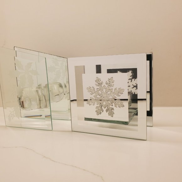 Holly Berry & Snowflake Glass Mirror Candle Holders 2pcs Holiday Decor / Gifts - Picture 10 of 14